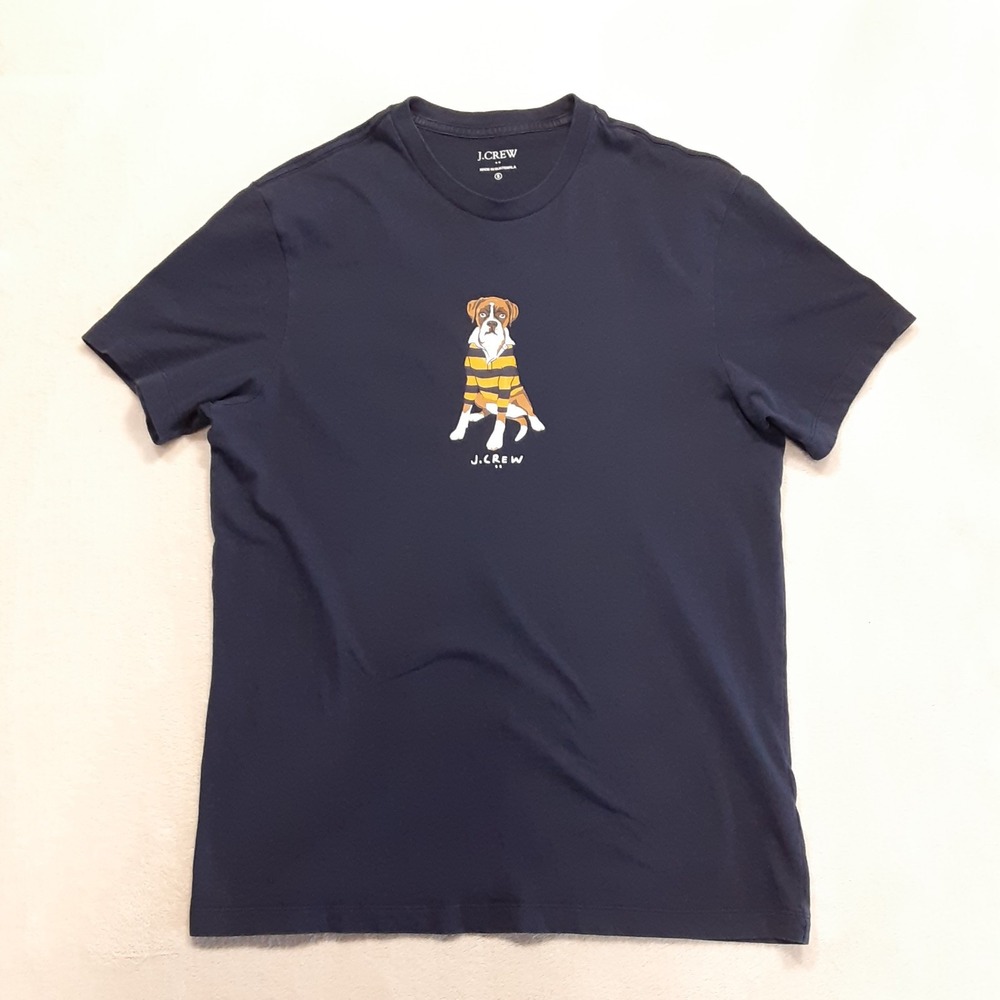 J.Crew Mens Graphic Tee Small Boxer Dog In A Rugby Shirt Navy Cotton Crewneck